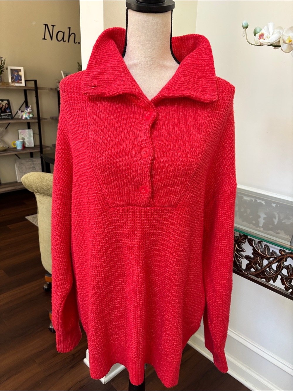 aerie Waffle Knit Button-Front Cowl neck Oversized Sweater size Large